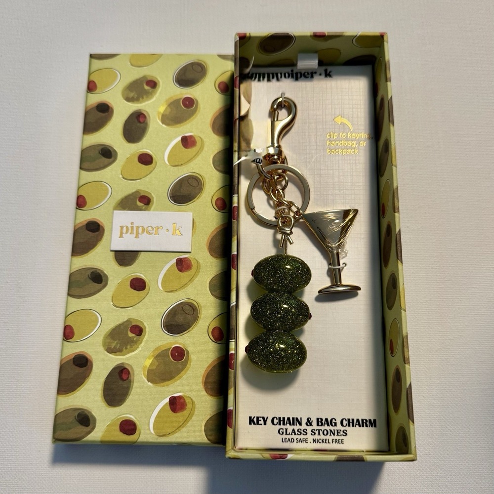 Viral Piper K Sparkly Olive & Martini Gold Glass Key Chain Bag Charm. NIB
